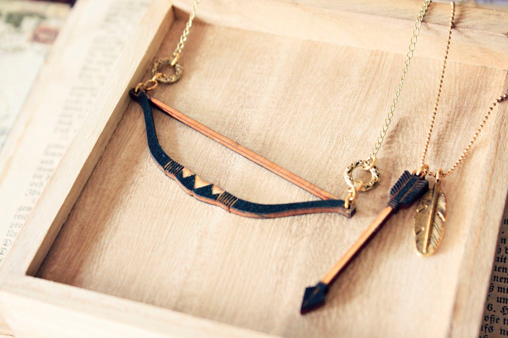 Bow and Arrow Tribal Feather Necklace - layered necklace set of 2