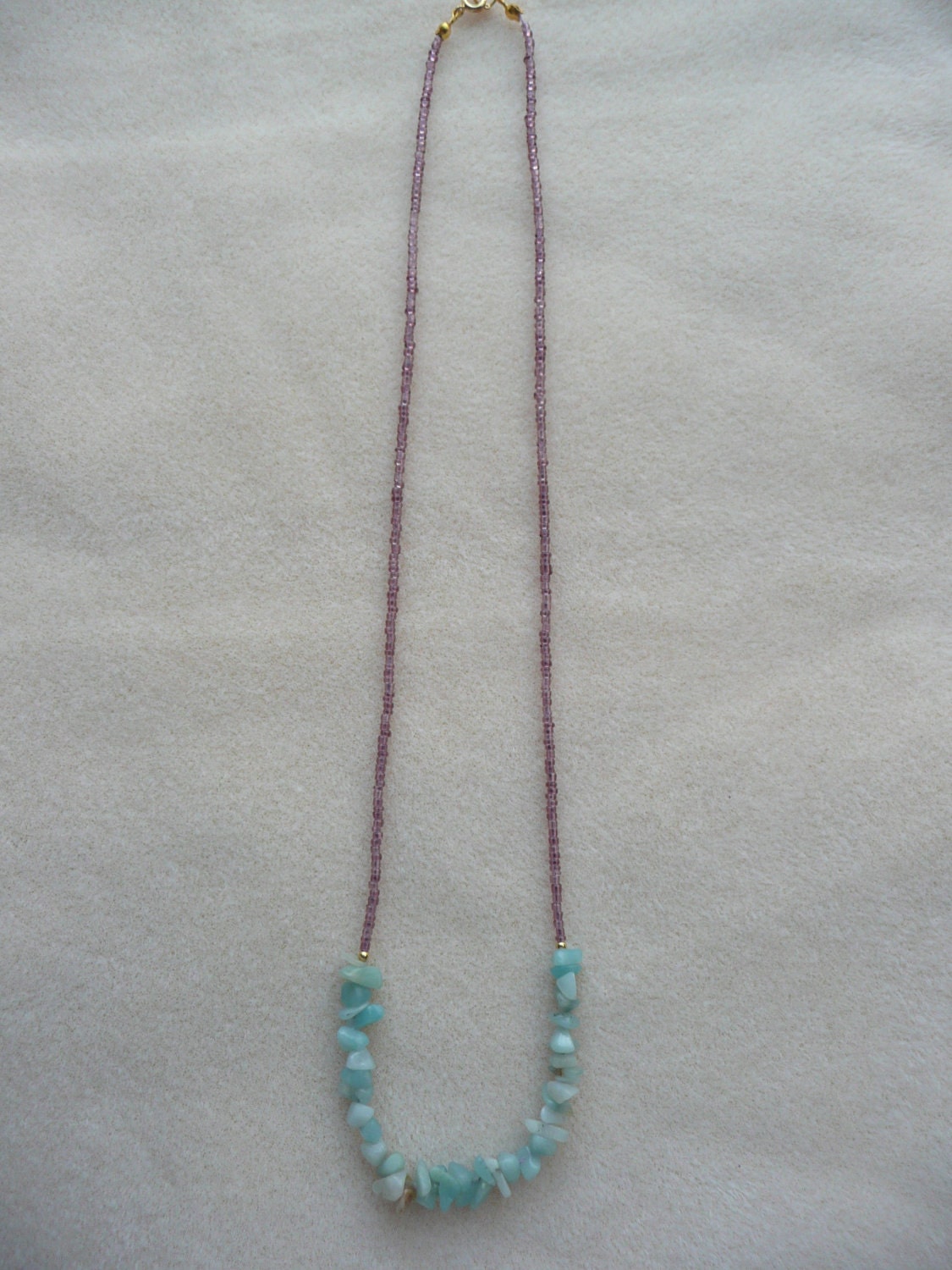 Amazonite gemstone chips with Gold and Purple Necklace