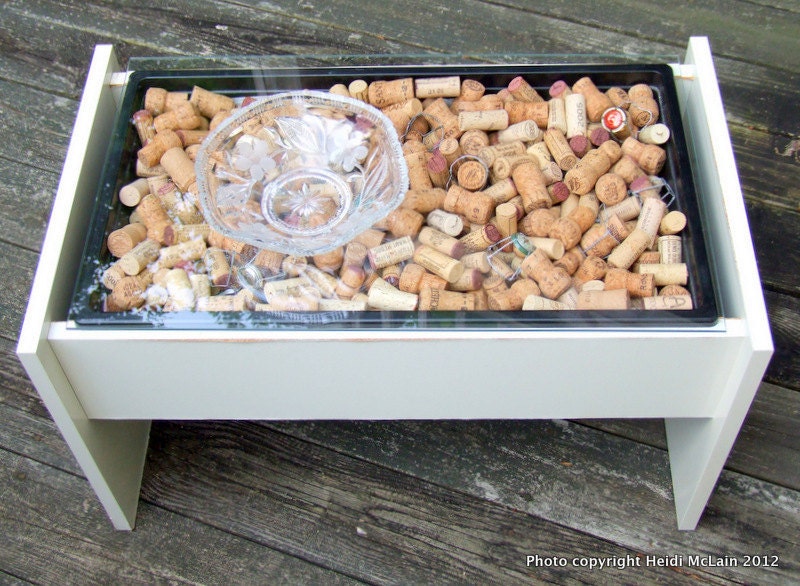 REDUCED--Repurposed Planter Box: White Melamine Board with Black Plastic Bin Filled with Corks and Capsules, Glass-Topped