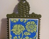 Enesco Pineapple Cast Iron Trivet Blue Green Floral Spring