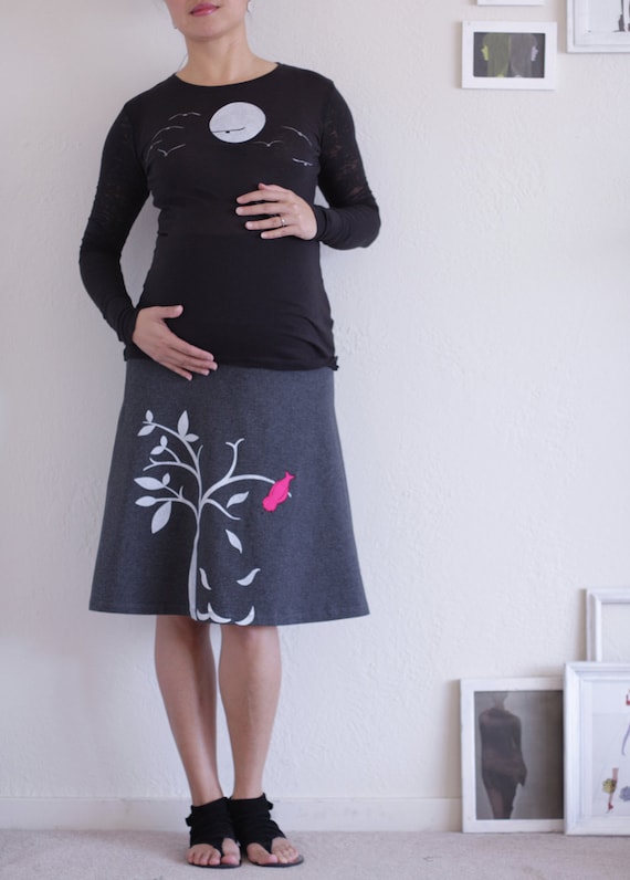 Maternity Knee Length Skirt . Cotton A-line Skirt . Handmade Applique Skirt- Bird on the tree -size Large