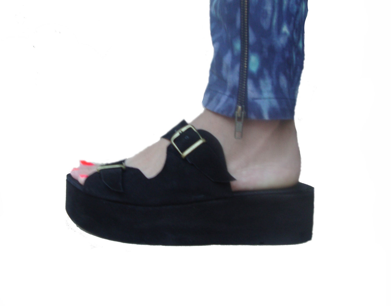 Black Leather Sandals with platform.  Height: 2 inch. (5 cm)/ wedge shoes.  (also available in large size)