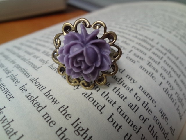 Resin Purple Cabochon Brass Vintage Style Flower Ring Gift Birthday Present Adjustable Ring Purple Ring Flower Ring