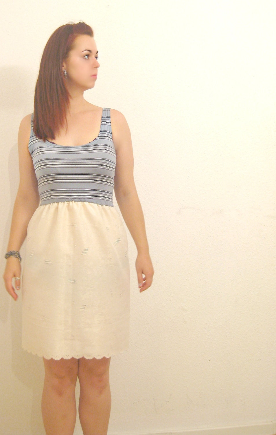 Teal & Cream Stripe Scallop Sun Dress: scallop skirt, scallop hem, upcycled vintage singlet, ready to ship size M
