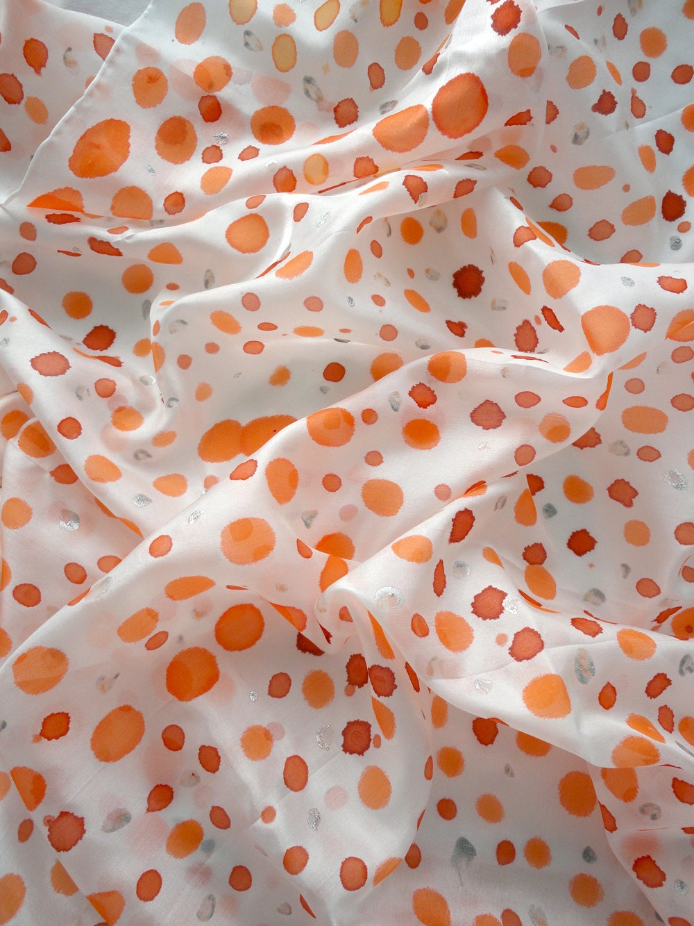 POLKA PEACH. Hand Painted square Silk Scarf. Orange, Coral, Silver Silk Shawl. Polka Dots Fashion. 35,4x35,4 in. (90x90cm). Ready to Ship.