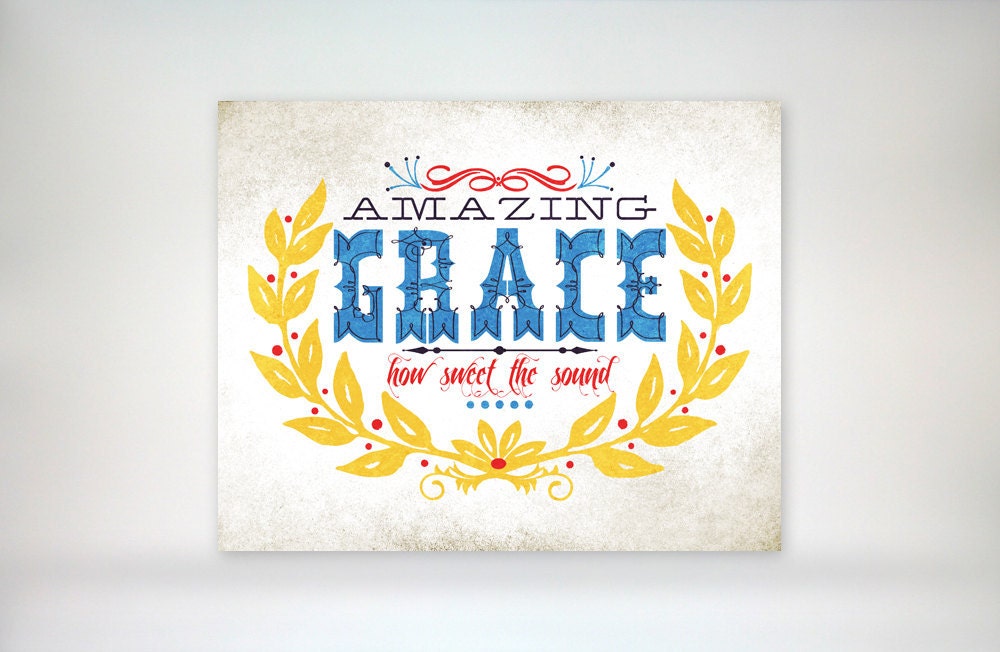 8x10 art print - Amazing Grace - Aged & Worn, Vintage Primary Colors Typography Poster Print