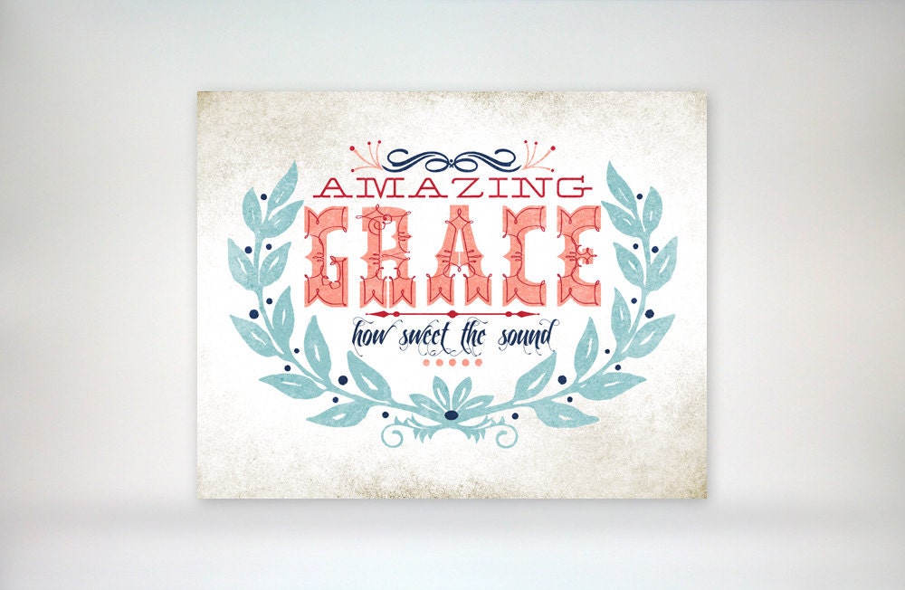 8x10 art print - Amazing Grace - Aged & Worn, Vintage Americana Colors Typography Poster Print
