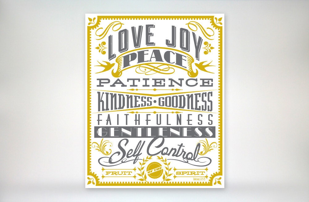 8x10 art print - Fruit of the Spirit - Gold & Grey Typography Poster Print - Galatians Scripture Bible Verse