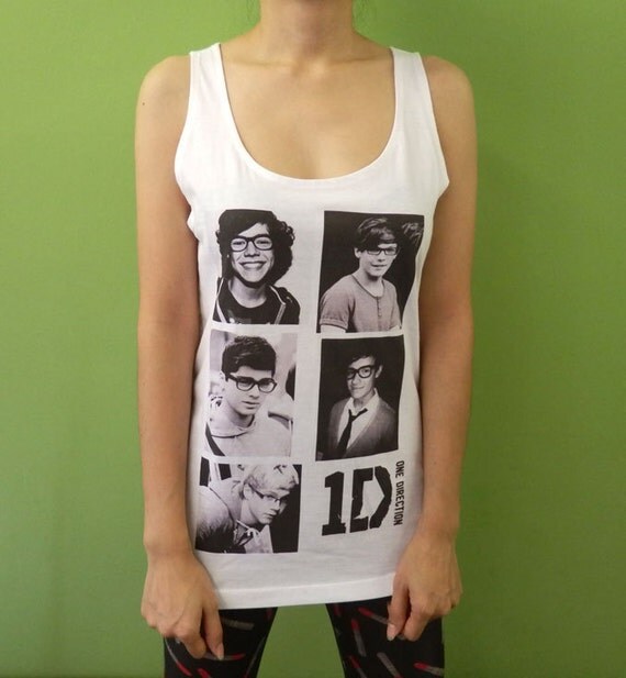 ONE DIRECTION - 1D Up All Night In Glasses - Womens Tank Top Printed White T Shirt Boy Band Fan Light and Soft