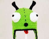 Gir Earflap Hat from Invader Zim, Lime Green Crochet Beanie, send size choice baby - adult