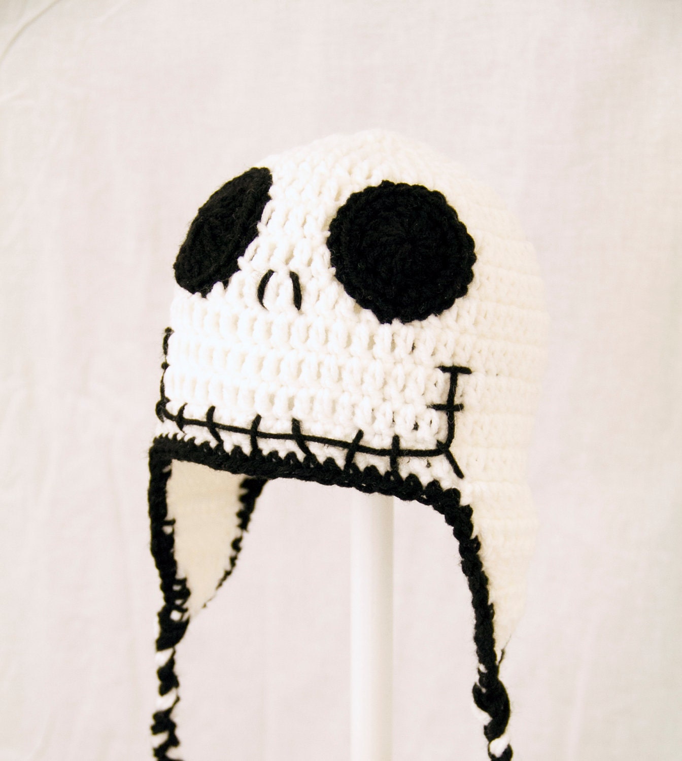 Jack Skellinton Earflap Hat from The Nightmare Before Christmas, Black and White Crochet Beanie, in size Large (5 years-Adult)