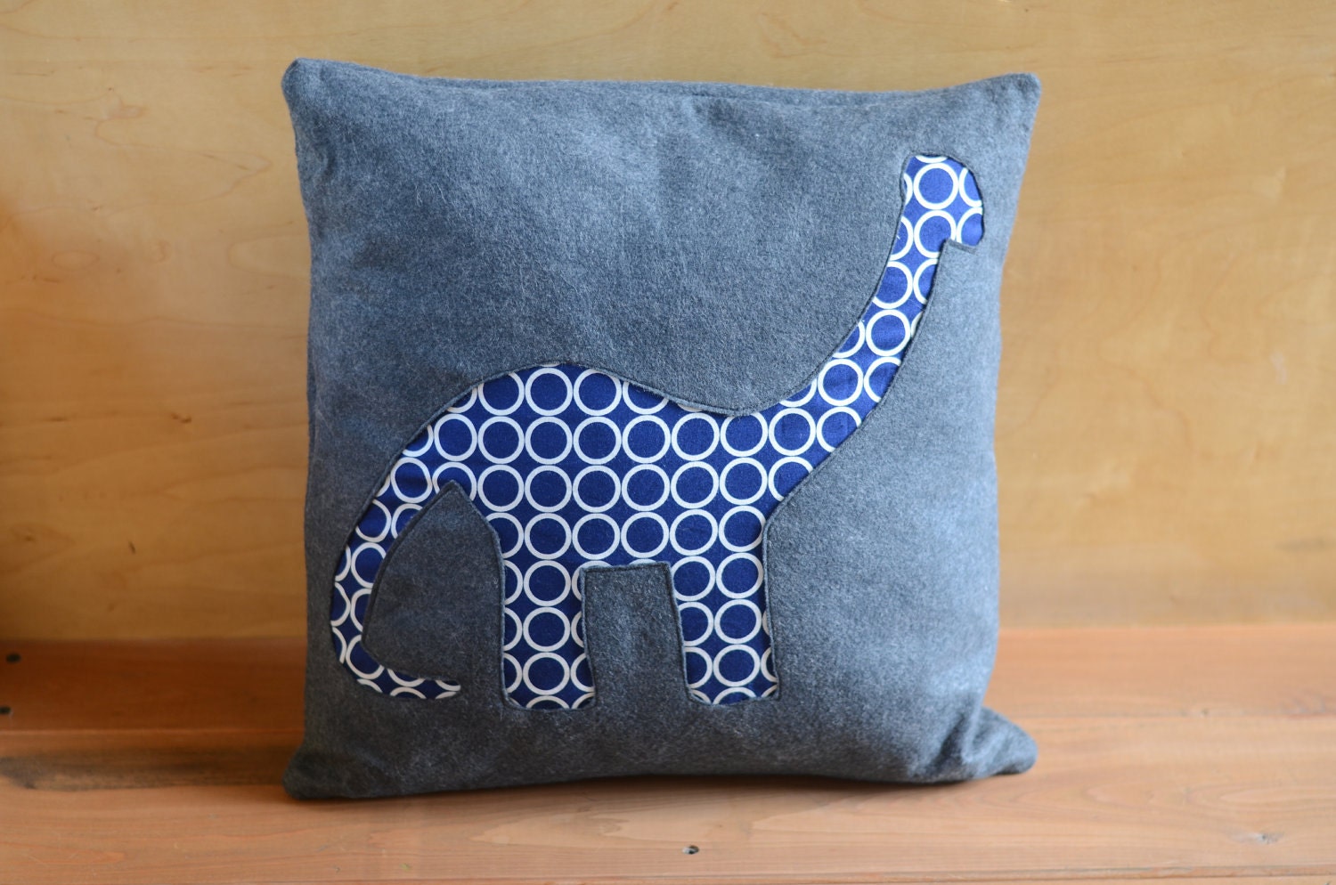 Wool Felt Throw Pillow  Cover - - Grey & Navy Circle Print Dinosaur- - 14x14.