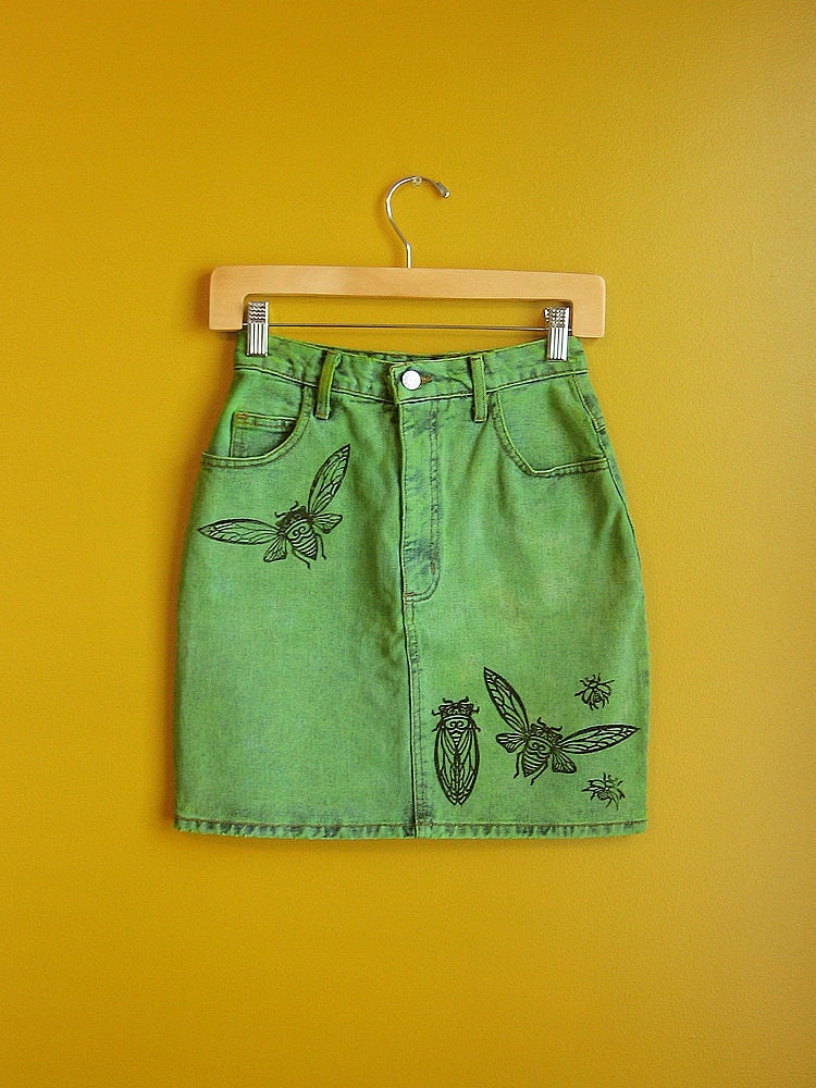 HAND PRINTED & hand dyed upcycled 1980s vintage guess denim skirt