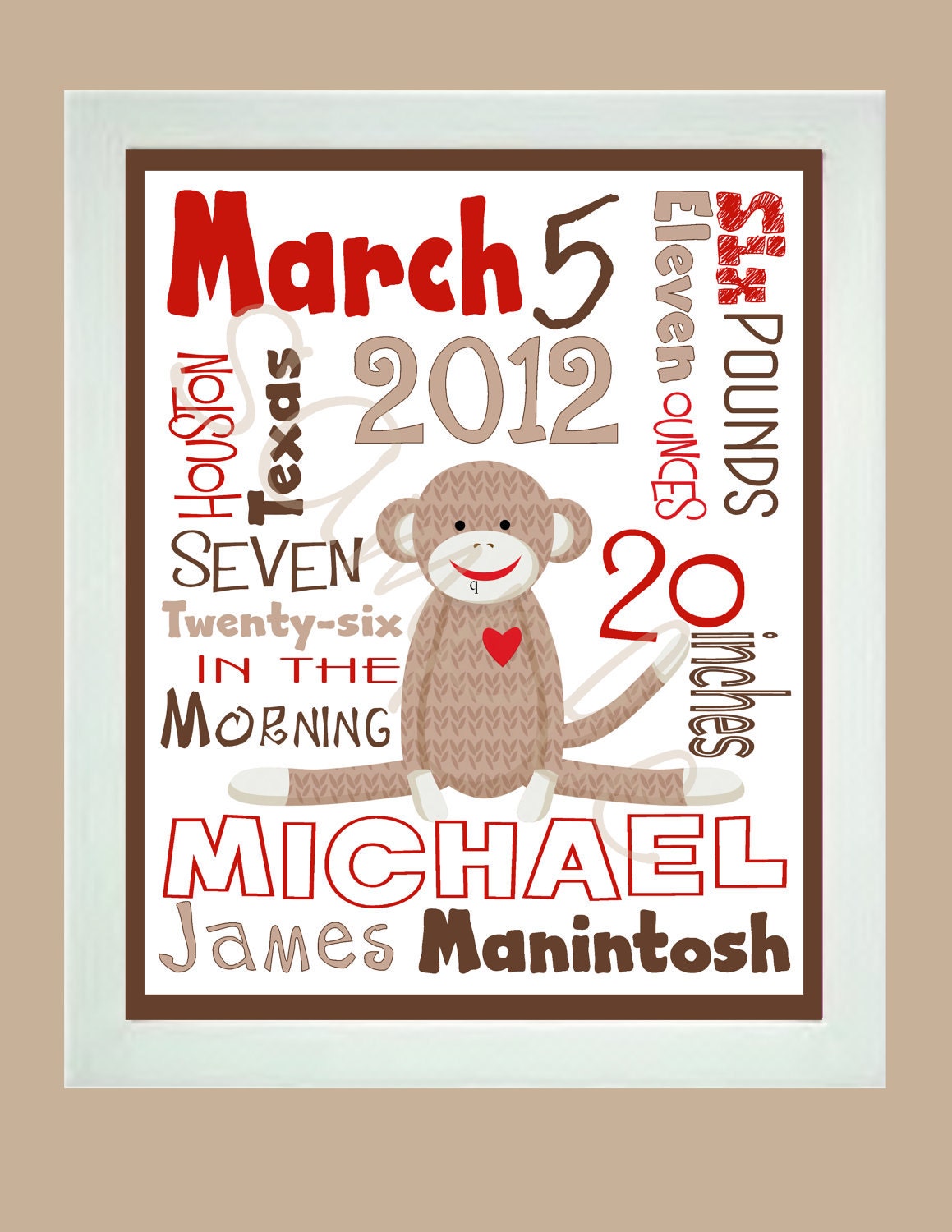 Buy announcements gifts personalized - SOCK MONKEY Personalized Baby Stats Announcement  Printable  Gift