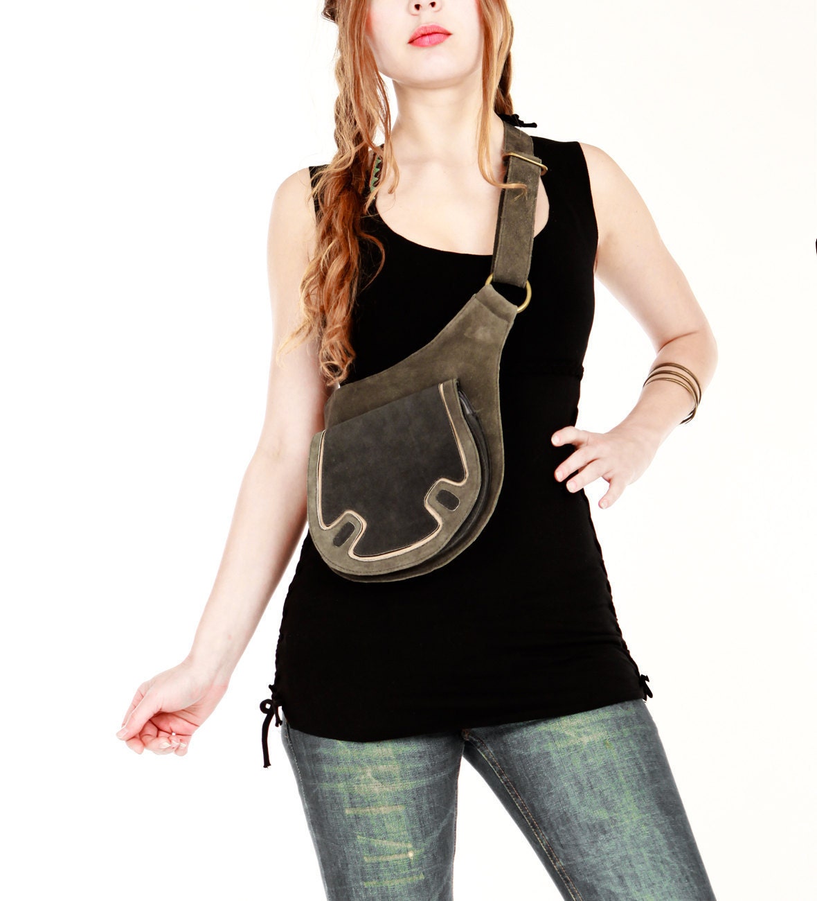Grey leather bags for women, leather cross body bags, leather belt pouch