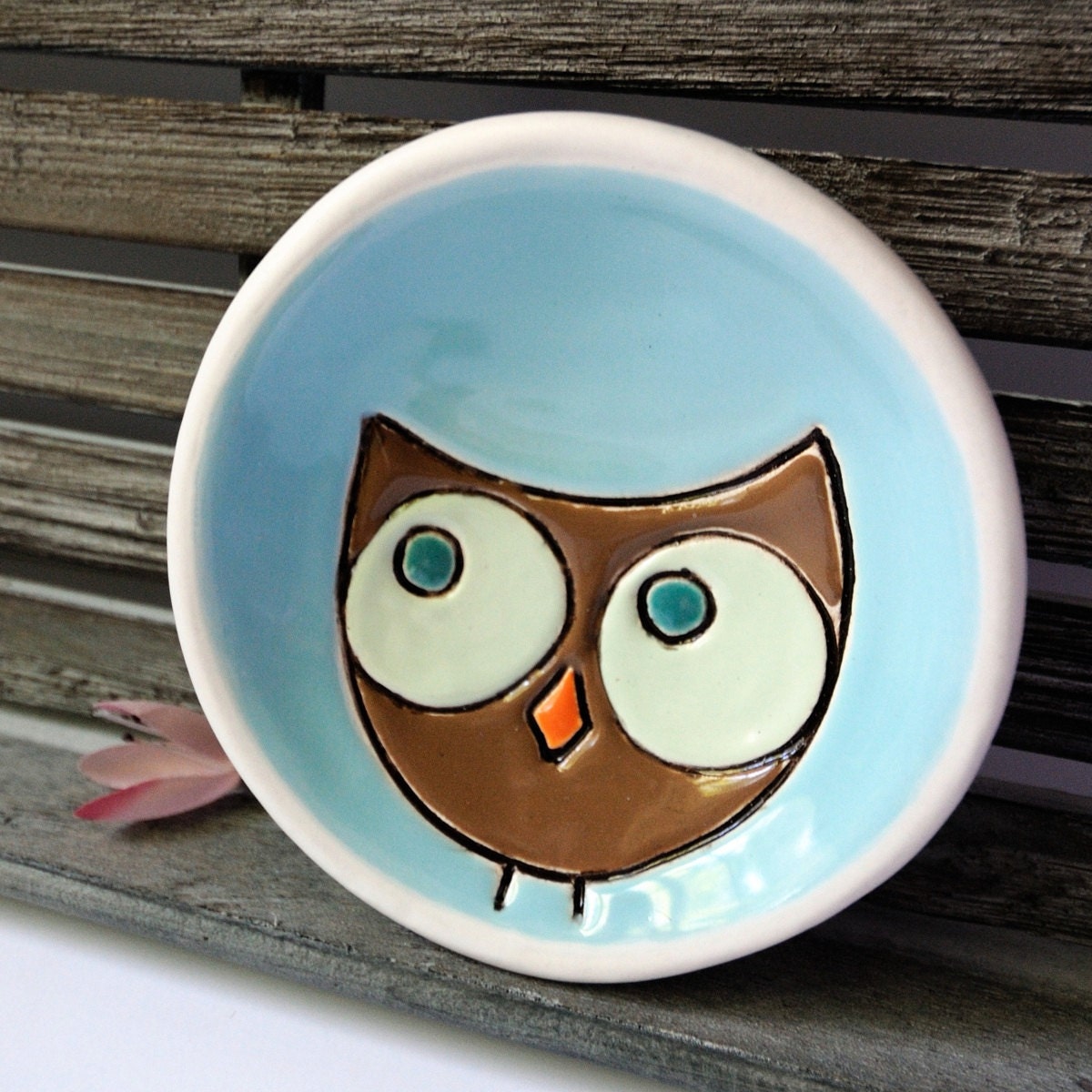 Ceramic Owl Plate Dish in Turquoise Brown and Green with Orange Beak Trinket Ring Holder