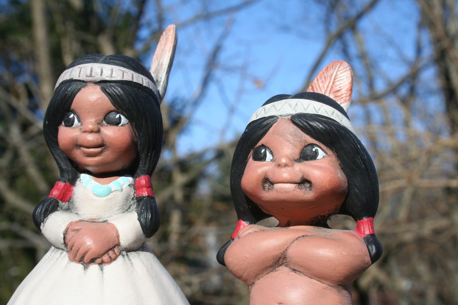 Native American Indian Figurine Set Thanksgiving Vintage Girl Boy Ceramic
