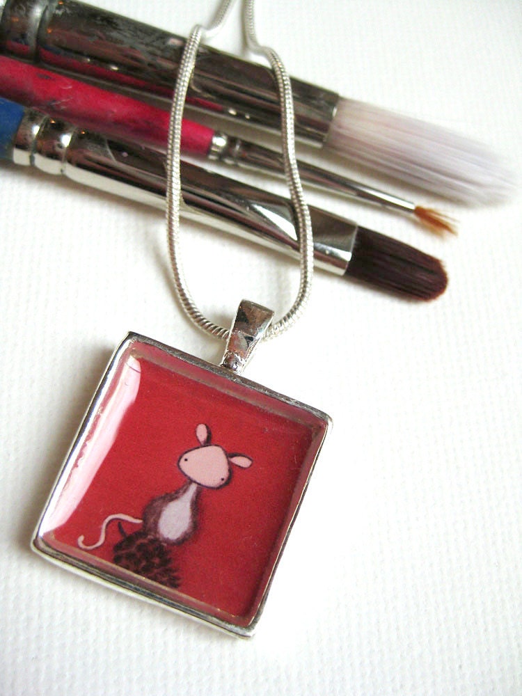 Mouse Pendant in Red - silver plated art necklace with tiny mouse painting, bright red