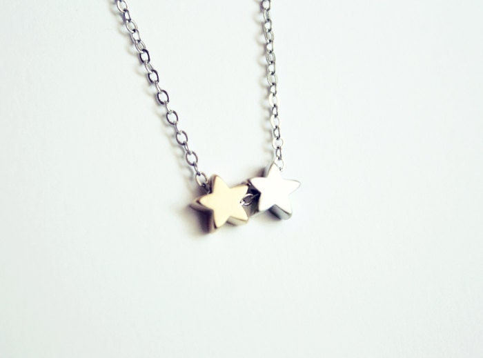 tiny stars necklace - mixed metals dainty minimal jewelry