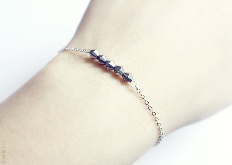dainty beaded bar on silver chain - delicate minimal jewelry - gunmetal