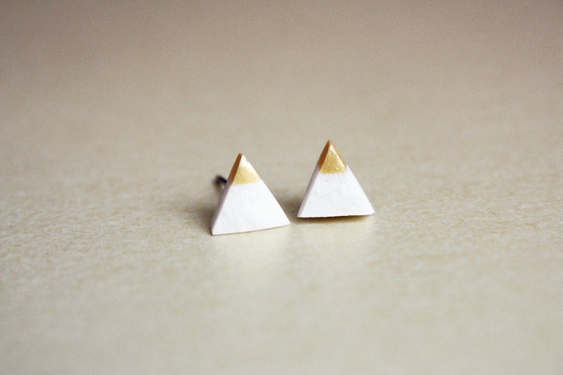 gold dipped tiny triangle studs - geometric jewelry - white