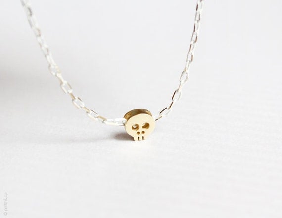 tiny skull bracelet - matt 14k gold plated skull on WHITE and golden chain