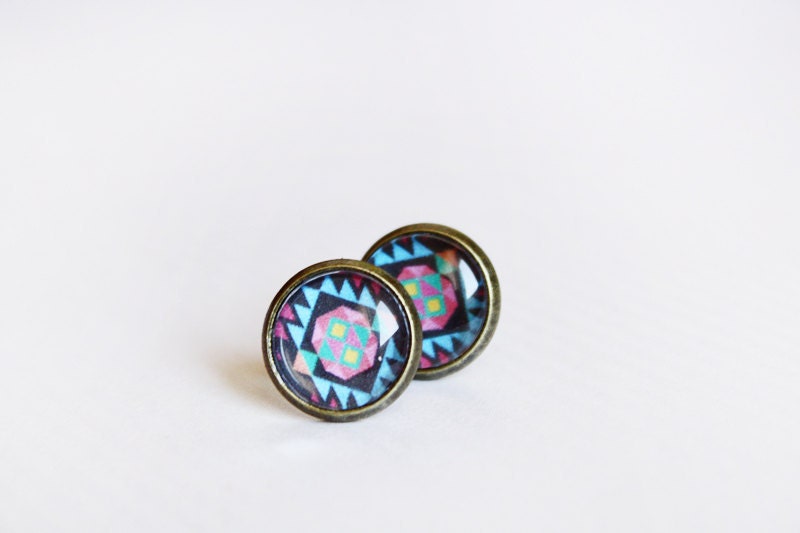 aztec stud earrings - tribal geometric jewelry - blue