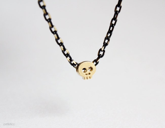 tiny skull bracelet - matt 14kt gold plated skull on BLACK chain