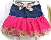 UP CYCLED Denim SKIRT, Embellished with Pink Fabric Ruffle and Tulle, Printed Floral Ruffle and Matching Belt, Size 4