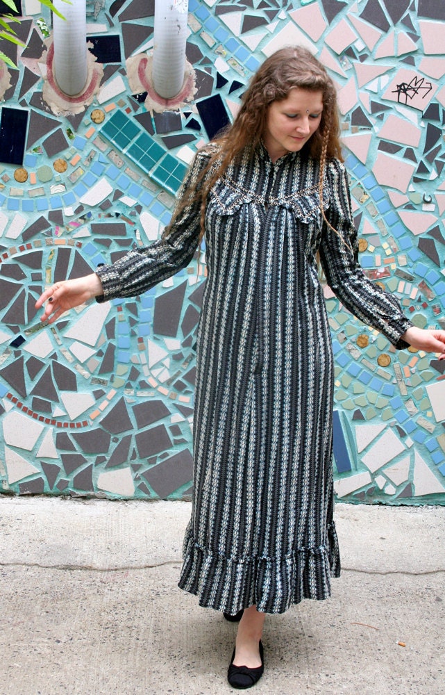 Stripy Hand-Stitched Antique Prairie Style Dress from 1800s, Paris