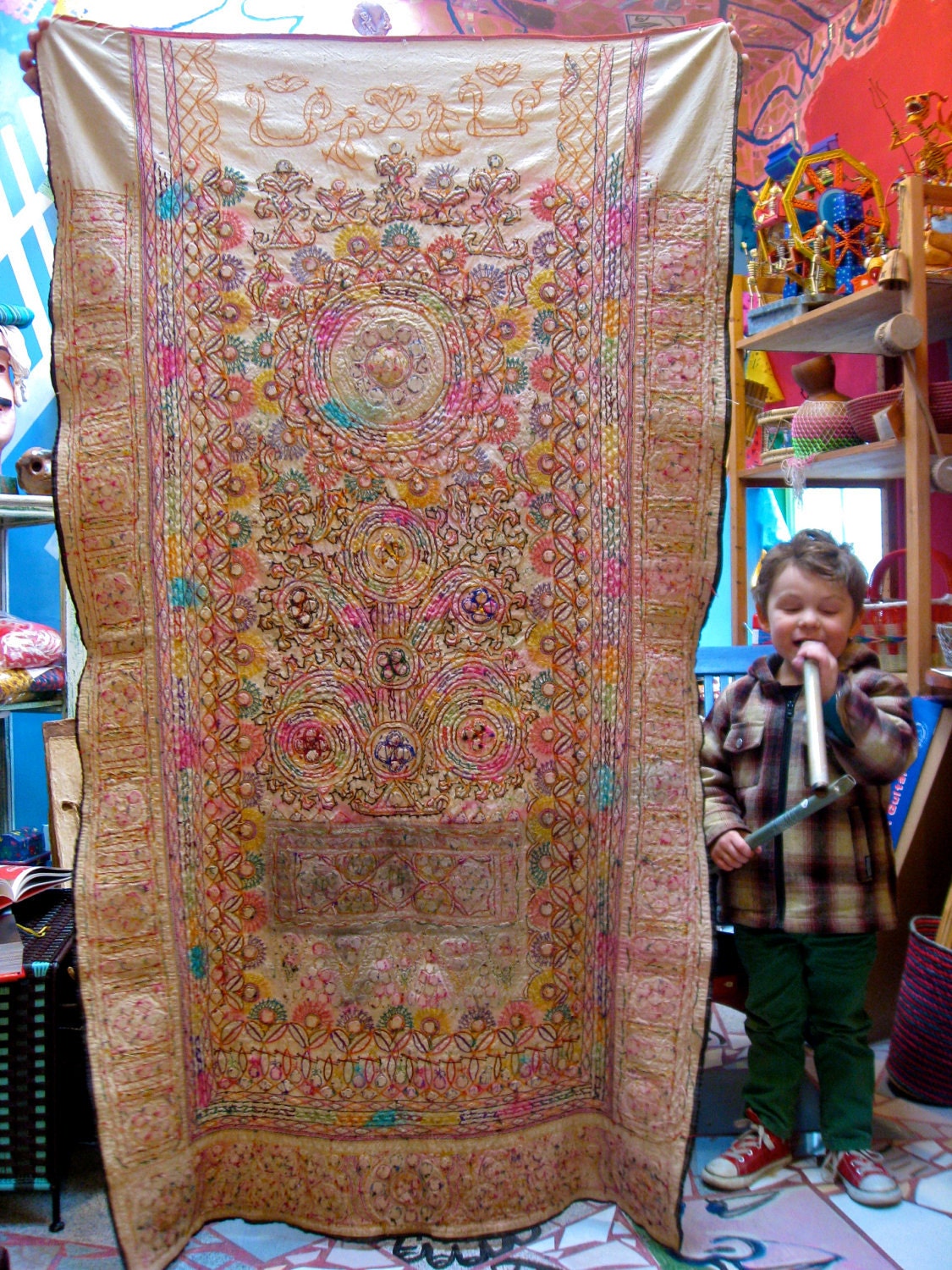 Vintage Indian Tapestry with Mirrors and Colorful Embroidery - Gujarati Bedroom Blessing