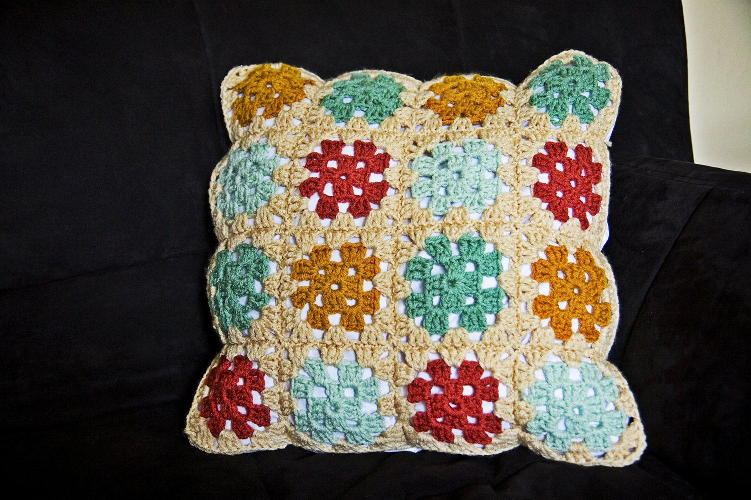 Granny Square Throw Pillow Cover - Gold, Red, Light Aqua and Dark Aqua Plus 16 X 16 Pillow Insert