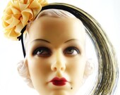 Art Deco 1920s Amazing Black and Cream Straw Headpiece Large Cream Rosette on Headband