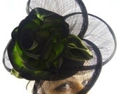 Green and Black Silk Flower on Woven Straw Circles Headpiece