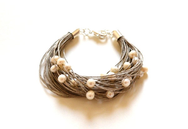 Pearl Linen Bracelet - Natural White Pearl Bracelet - Pearl Wedding Jewelry, Bridal Gift, Eco Wedding