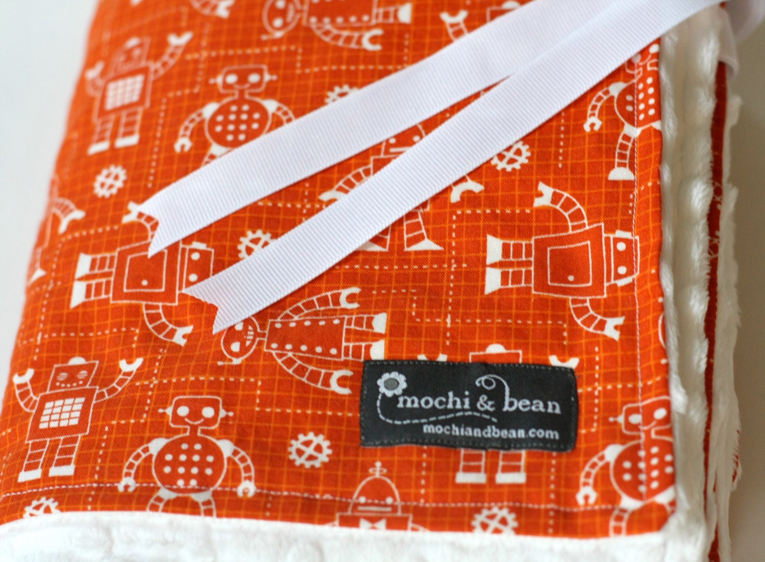 Organic Baby Blanket with Stroller Ties, Robot Factory in Orange by Caleb Gray and White Dot Minky