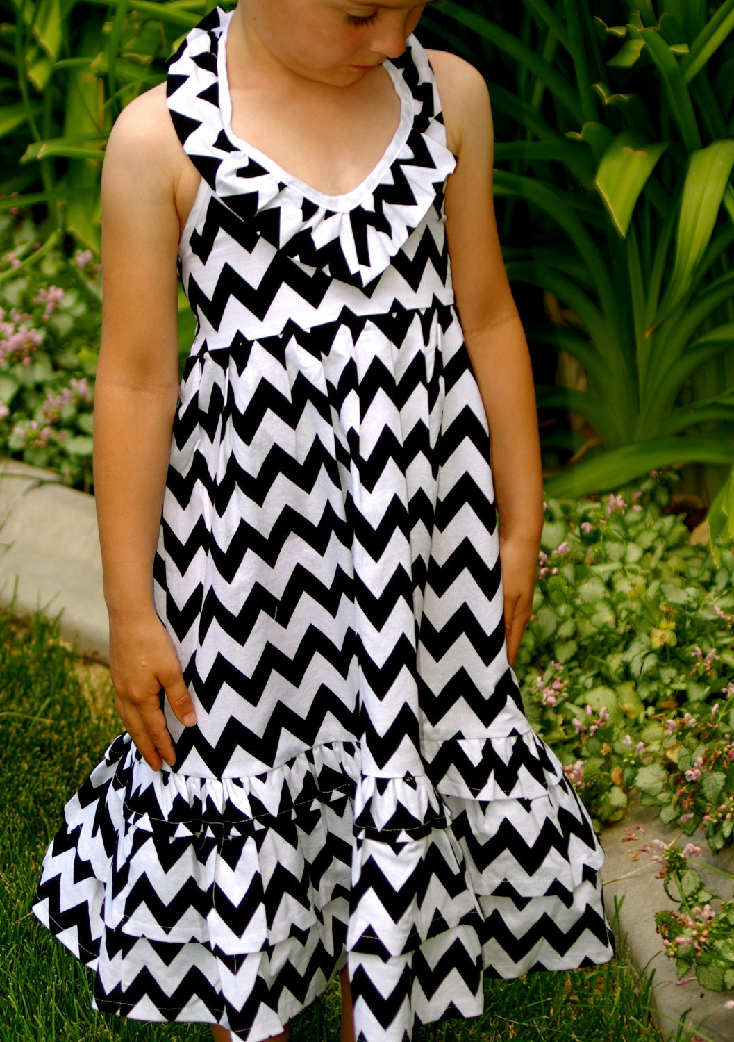 Emmaline Maxi dress for children, girls and tweens  in Black and White Chevron