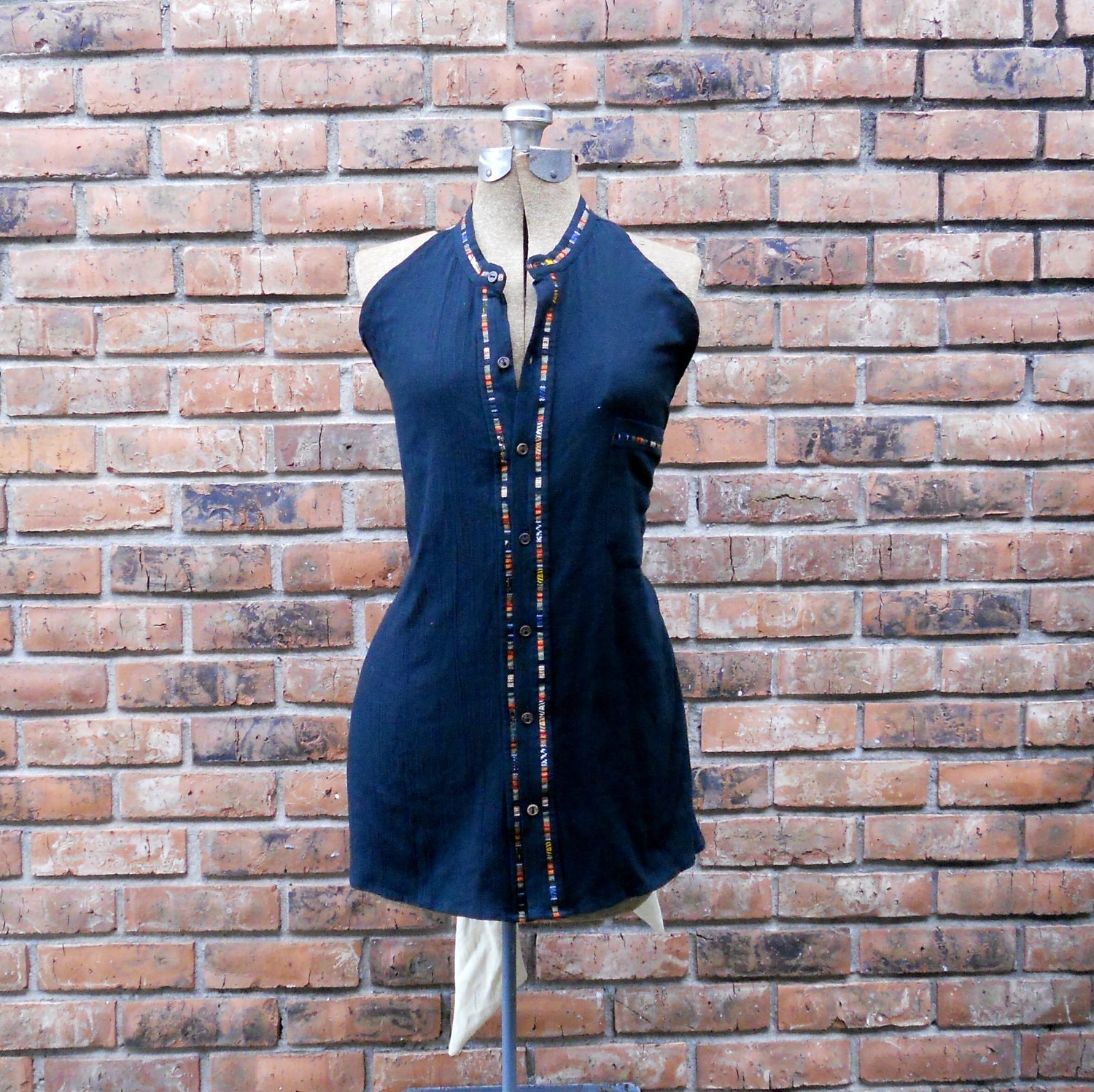 Slimming Black Tribal Vintage Style Full Apron  Made from Button Down Shirt "Michelle"