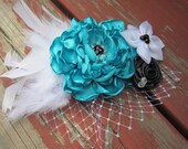 Aqua, Black and White, Satin and Organza Fabric Flowers with French netting and Feathers Hair Accessory, Headband, Comb