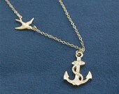 Anchor Necklace with Swallow in Gold - Sailor Necklace - Nautical - Gold Filled Chain