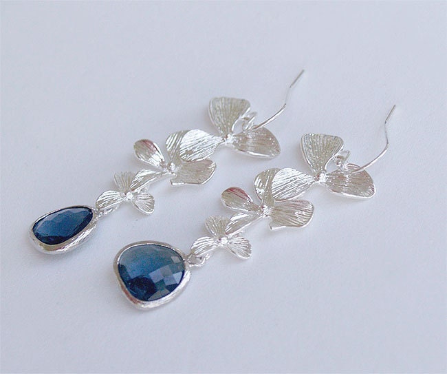 HOLIDAY SALE - Something Blue Bridesmaid Earrings - Triple Orchids and Navy on Sterling - Bridal, Bridesmaids, Wedding Jewelry