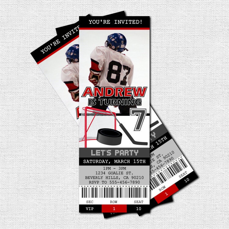 HOCKEY TICKET INVITATIONS Birthday Party (print your own) Personalized Printable