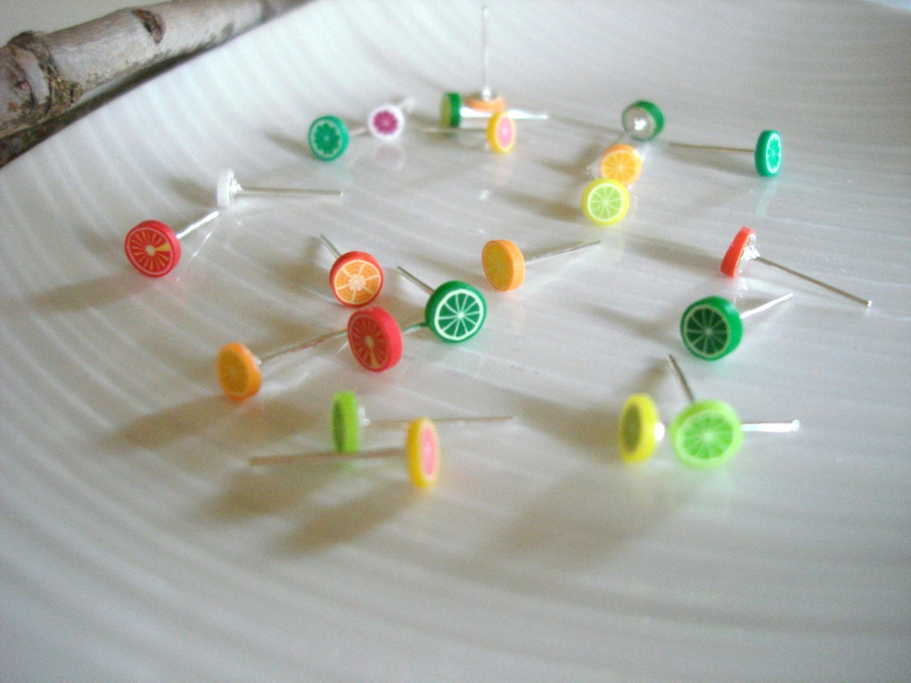 Set of Eleven An Assortment of Teeny Tiny Fruit Freshly Sliced Polymer Clay Fruit Earrings - Kawaii Fruit, Sweet accessories, Gifts for her
