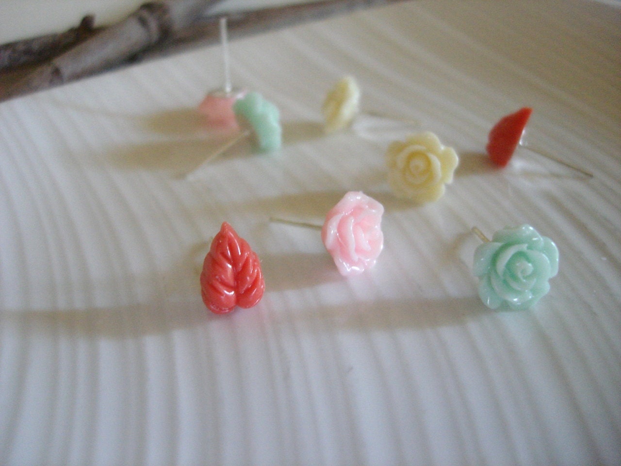 Four Pairs - Aurora's Little Candy Rose Shoppe - Coral Leaves, Resin Earrings, Tiny Roses, Rose Earrings - For bridesmaids, Gift idea