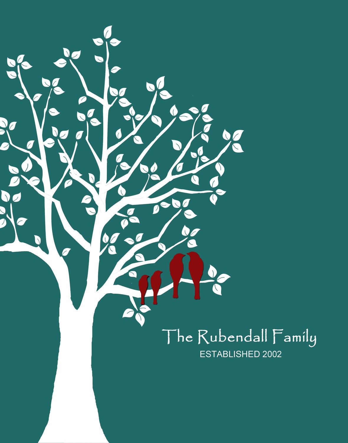 11" x 14" Personalized Custom Love Birds Family Wedding Tree - 11x14 - teal and white modern print