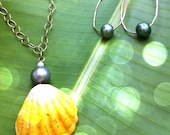 Unique Large Sunrise Shell/Tahitan Pearl Necklace & Tahitian Pearl Gold Fill Earrings