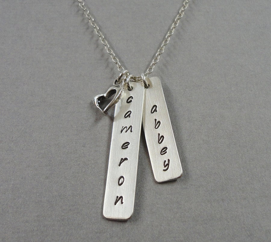 Personalized Tag Necklace - Name Plate Necklace with Heart Charm - Hand Stamped Personalized Jewelry - Mommy Necklace