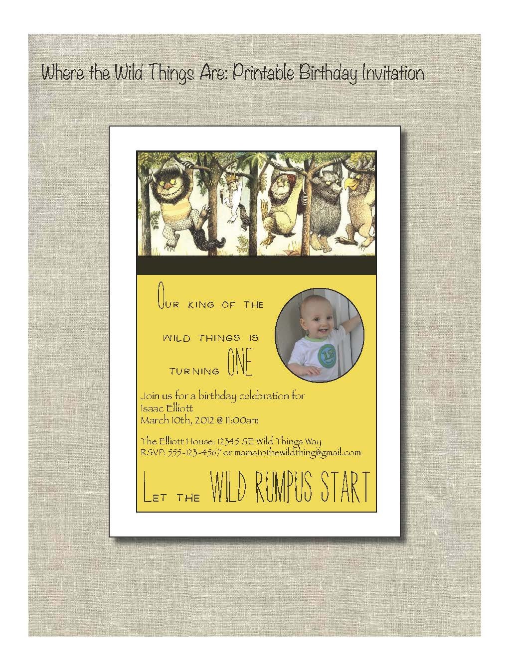 Where the Wild Things Are -- Personalized Printable Invitation (w/picture or without)