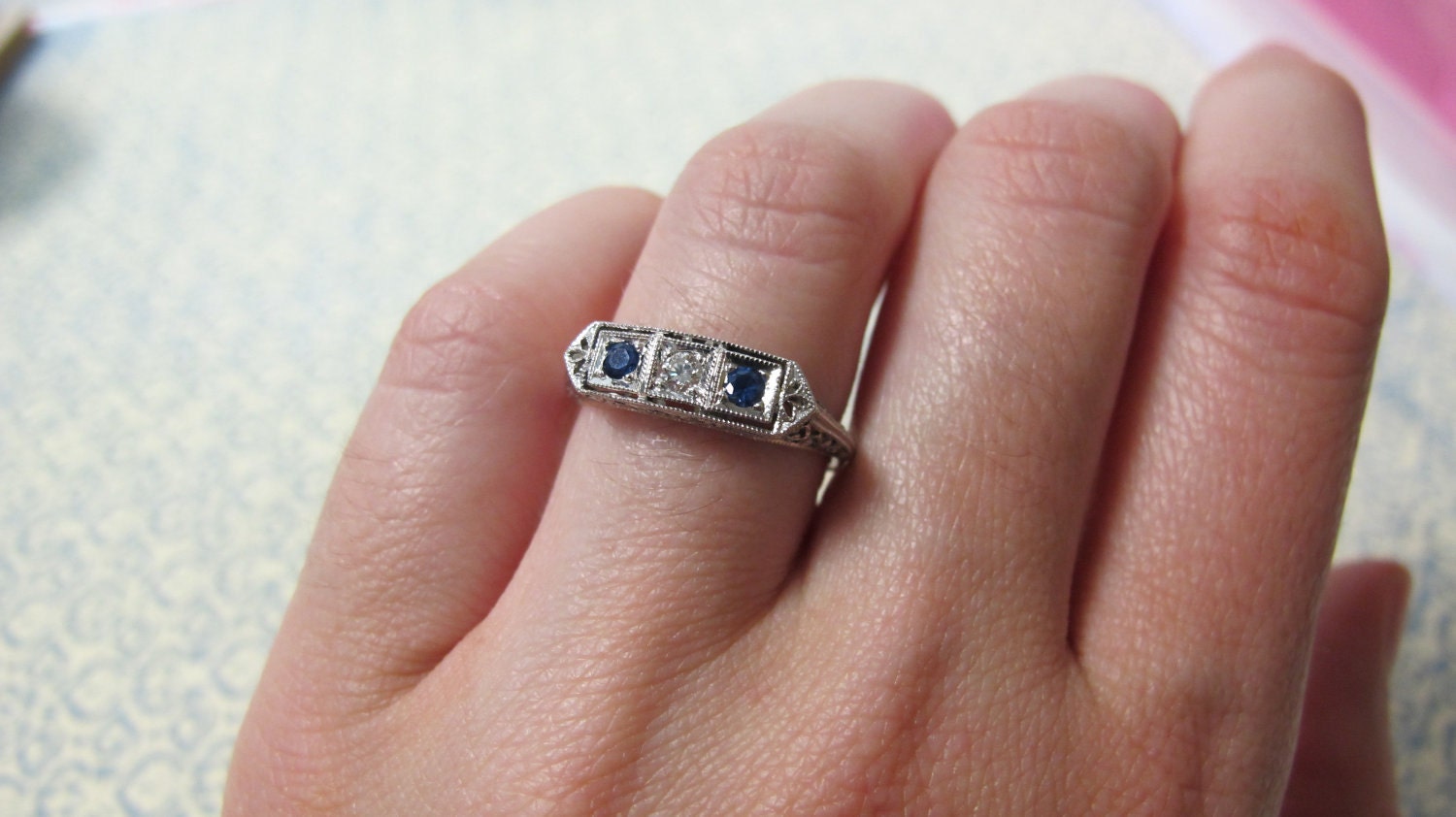 RESERVED FOR MADALYN-Vintage 14KT White Gold Filigree Blue Spinel and Diamond Wedding Band & Ring Size 6.5