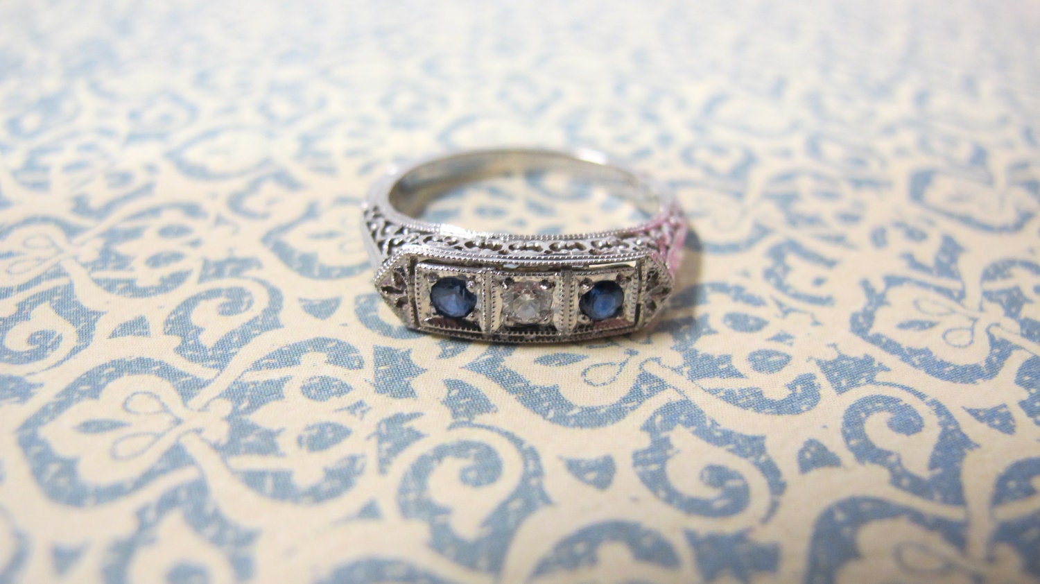 RESERVED FOR MADALYN-Vintage 14KT White Gold Filigree Blue Spinel and Diamond Wedding Band & Ring Size 6.5
